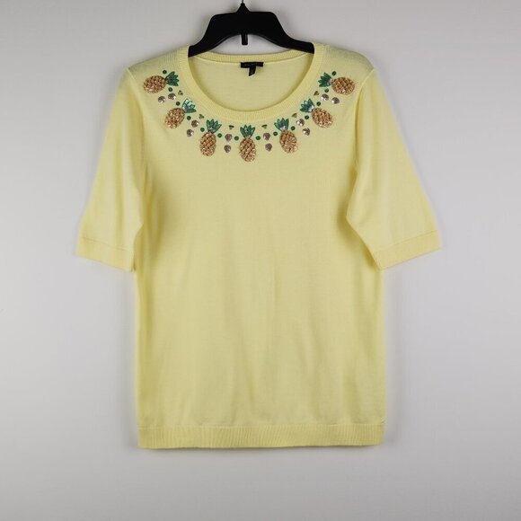 Talbots Size M Yellow Pineapple Embellished Neckline Stretch Pullover Knit Top - Picture 1 of 8